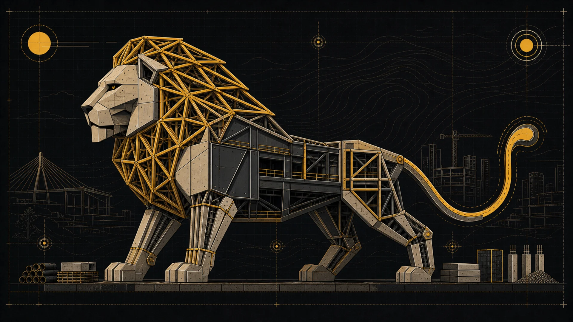 A structural lion assembled from concrete planes, roof trusses, steel beams and a route-line tail