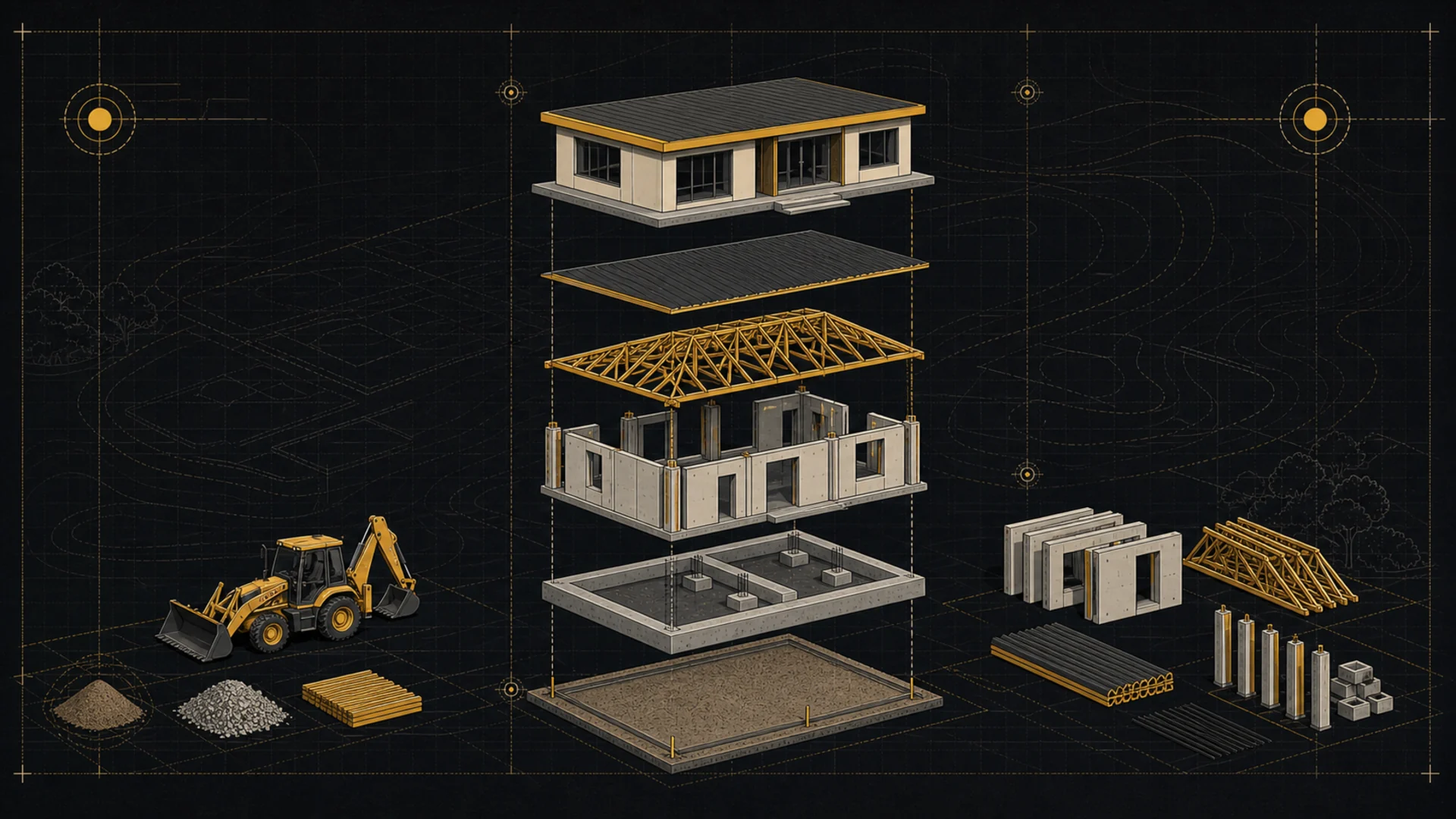 An exploded modular building shows the foundation, structure, roof and finished form